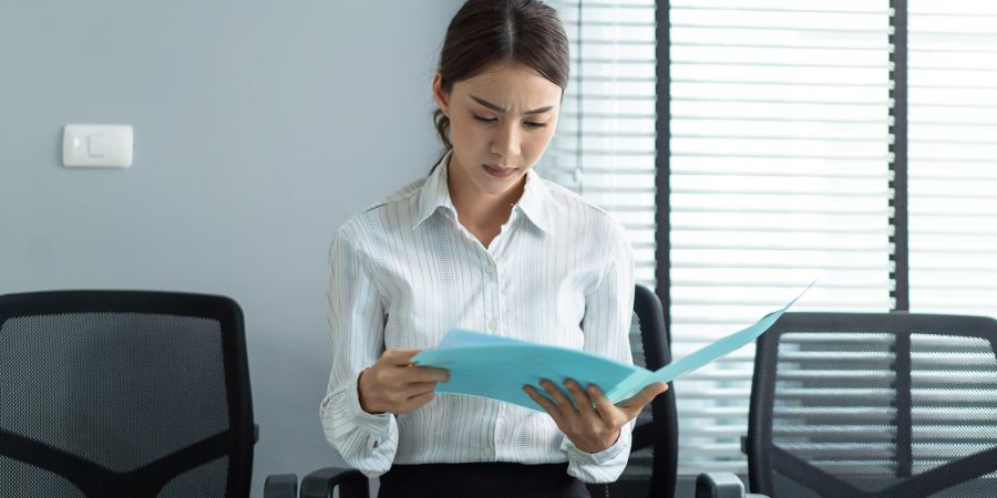 Asian beautiful woman applicant sit on lined up chair, prepare for job interview in corporate